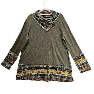 Miusey Tunic Womens 2x Gray cross over mock neck faux button detail colorful mat